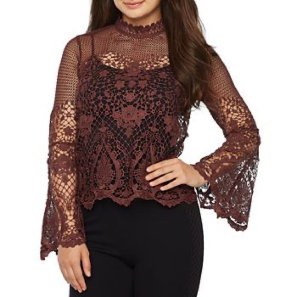 Bold Elements Boho Victorian Lace Bell Sleeve Top Sheer Mock Neck Blouse M